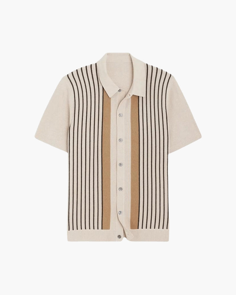 Men's Button-Front Knit Shirt With Striped Panels - Beige