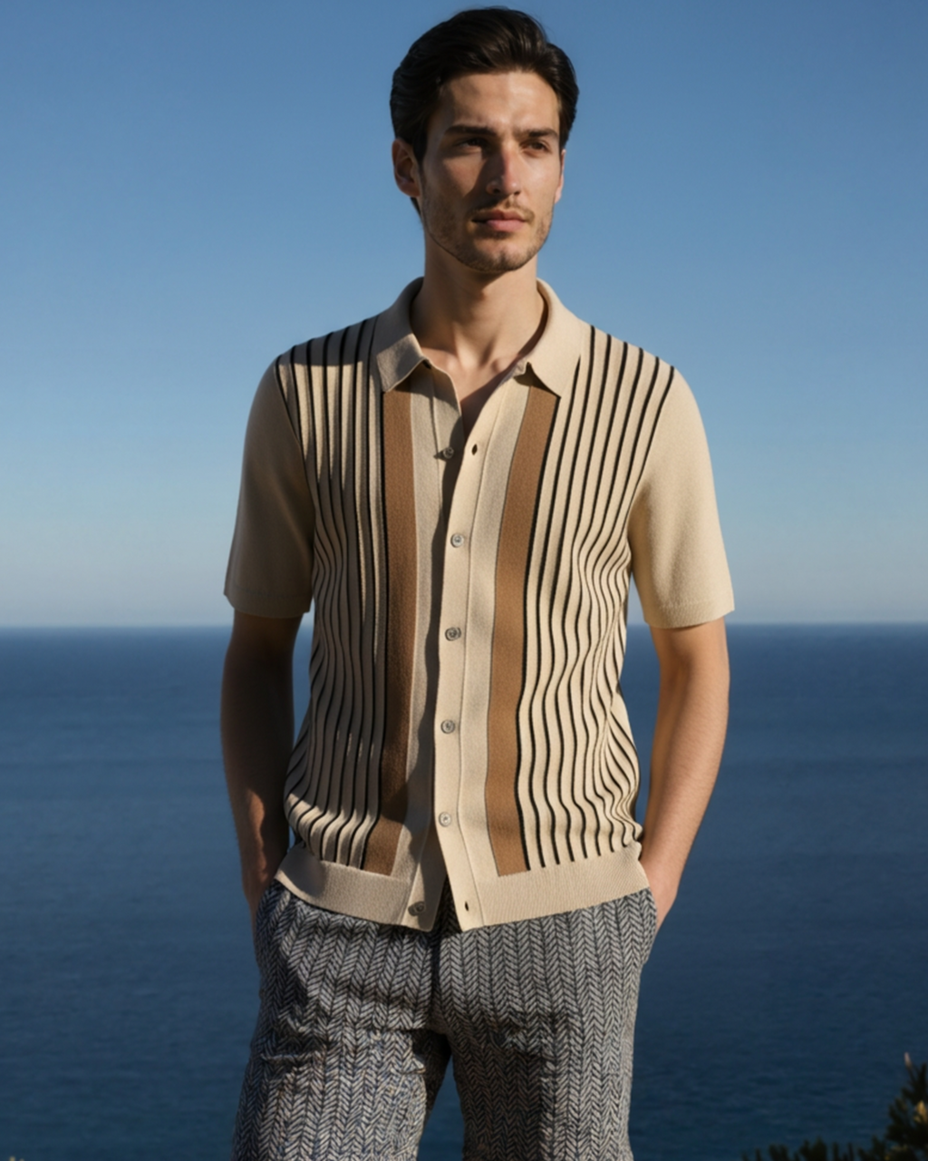 Men's Button-Front Knit Shirt With Striped Panels - Beige