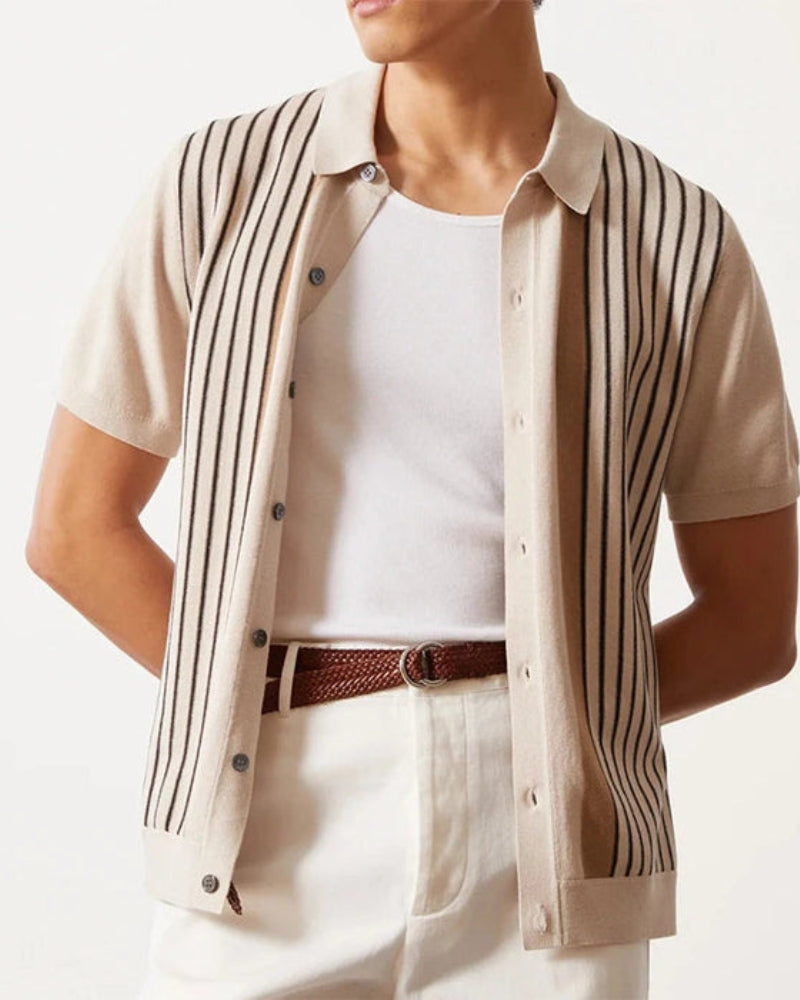 Men's Button-Front Knit Shirt With Striped Panels - Beige