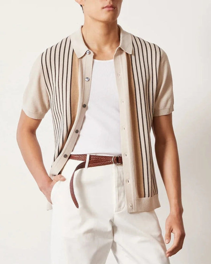 Men's Button-Front Knit Shirt With Striped Panels - Beige