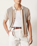 Men's Button-Front Knit Shirt With Striped Panels - Beige