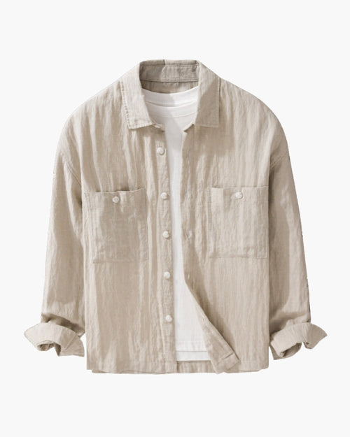Men's Button-Front Overshirt With Twin Chest Pockets - Beige