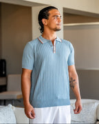 Men's Button-Placket Polo With Fine Vertical Ribs - Blue Gray