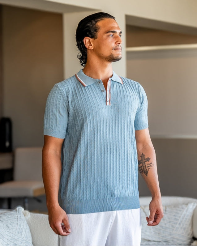 Men's Button-Placket Polo With Fine Vertical Ribs - Blue Gray