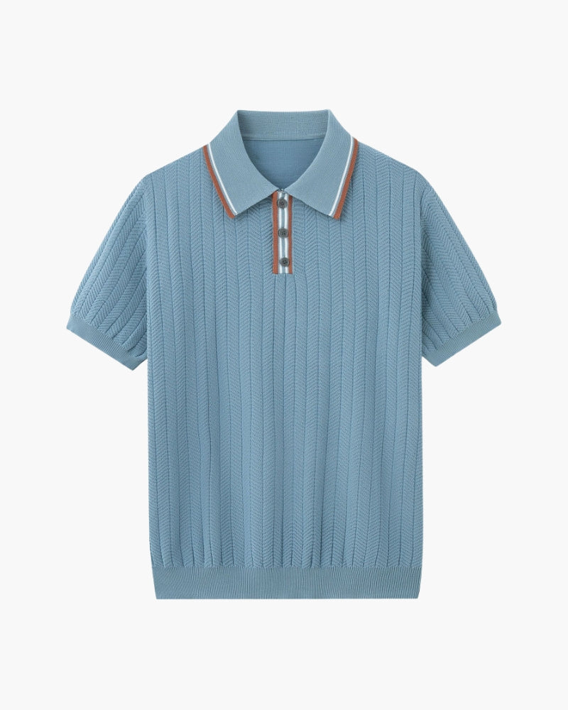 Men's Button-Placket Polo With Fine Vertical Ribs - Blue Gray