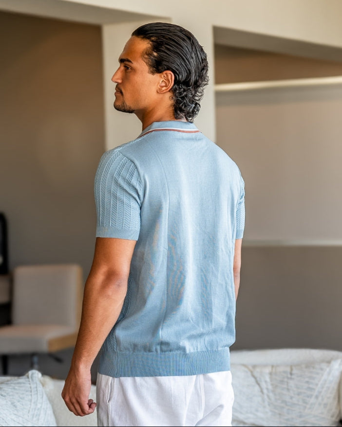Men's Button-Placket Polo With Fine Vertical Ribs - Blue Gray