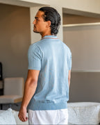 Men's Button-Placket Polo With Fine Vertical Ribs - Blue Gray