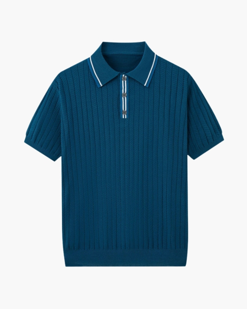 Men's Button-Placket Polo With Fine Vertical Ribs - Blue