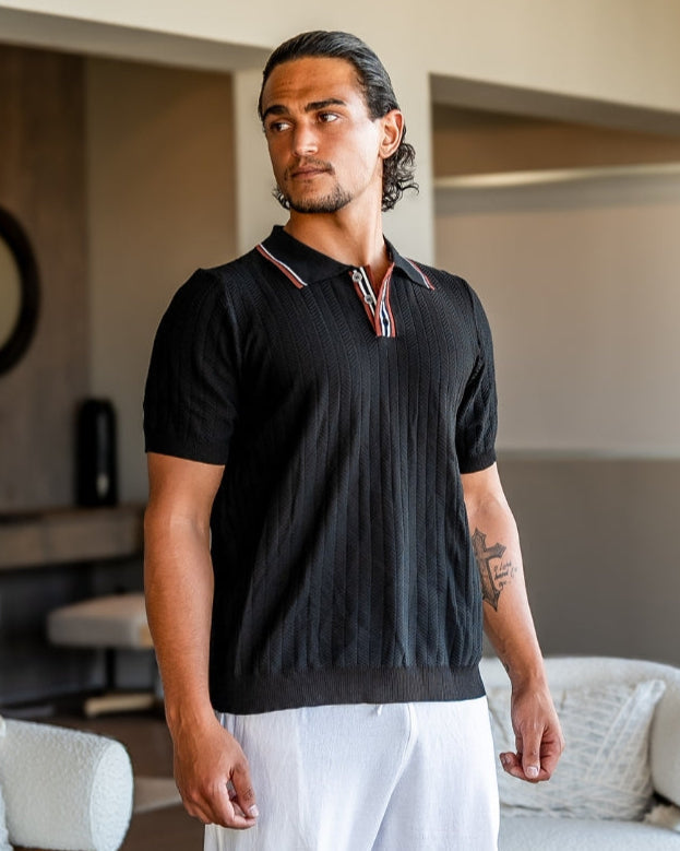 Men's Button-Placket Polo With Fine Vertical Ribs - Black