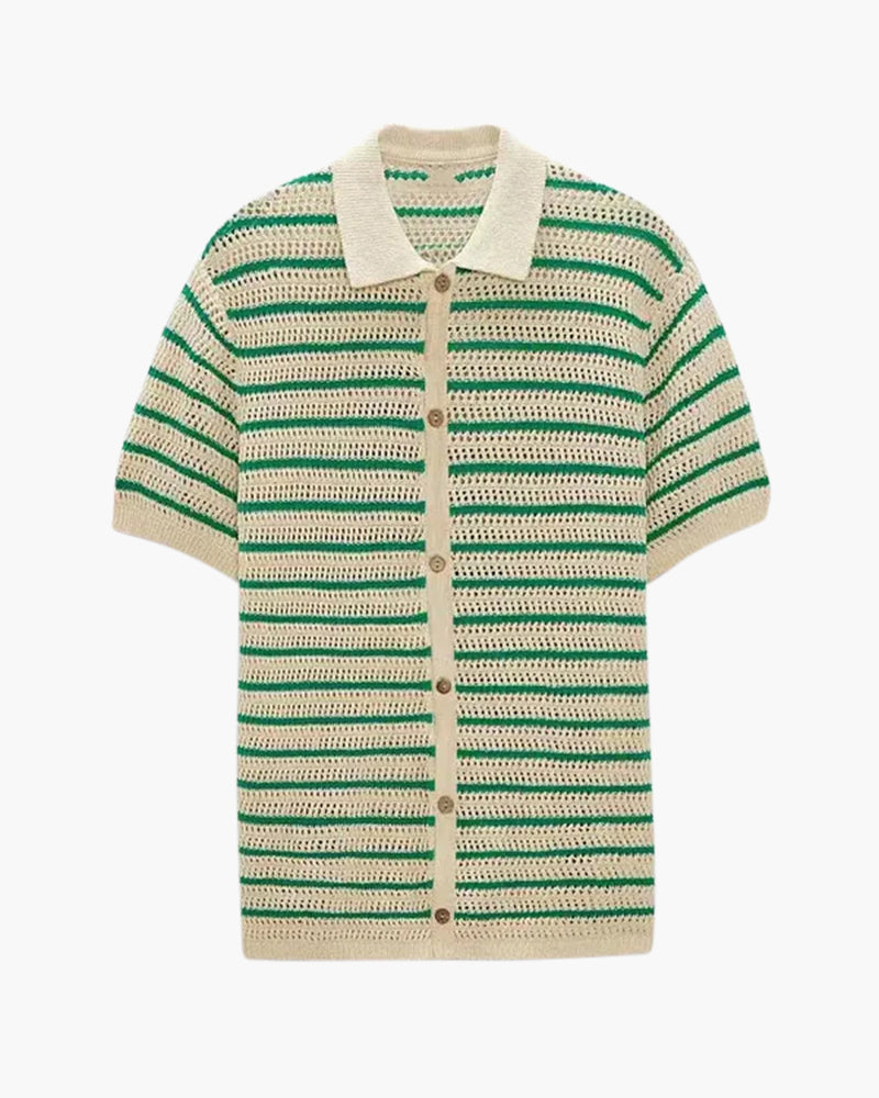 Men's Button Shirt With Narrow Horizontal Stripes - Green