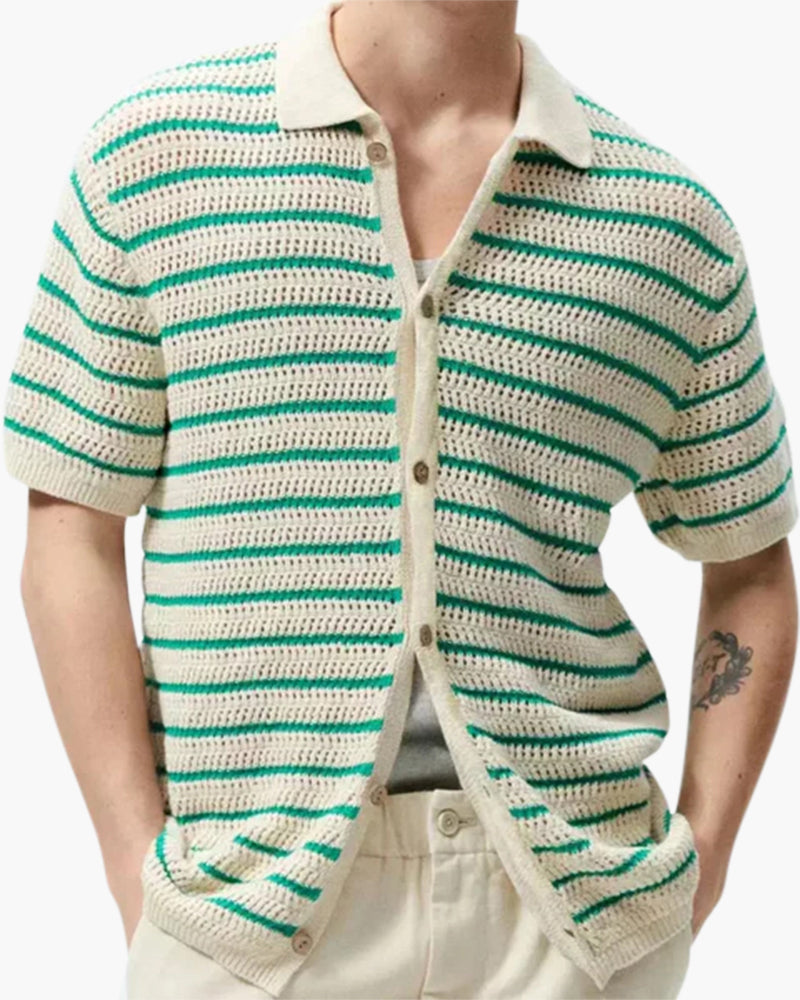 Men's Button Shirt With Narrow Horizontal Stripes - Green