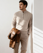 Men's Cable-Pattern Half-Zip Sweater With a Stand Neck - Beige