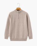 Men's Cable-Pattern Half-Zip Sweater With a Stand Neck - Beige