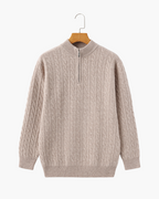 Men's Cable-Pattern Half-Zip Sweater With a Stand Neck - Beige