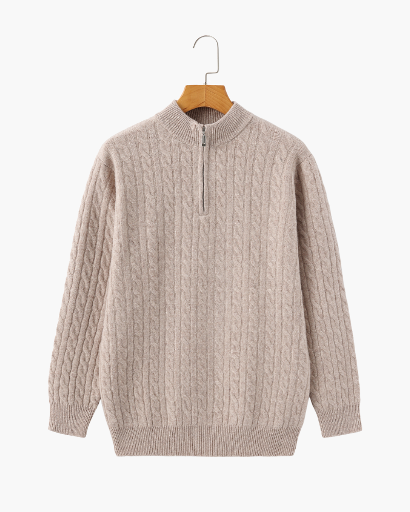 Men's Cable-Pattern Half-Zip Sweater With a Stand Neck - Beige