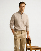 Men's Cable-Pattern Half-Zip Sweater With a Stand Neck - Beige