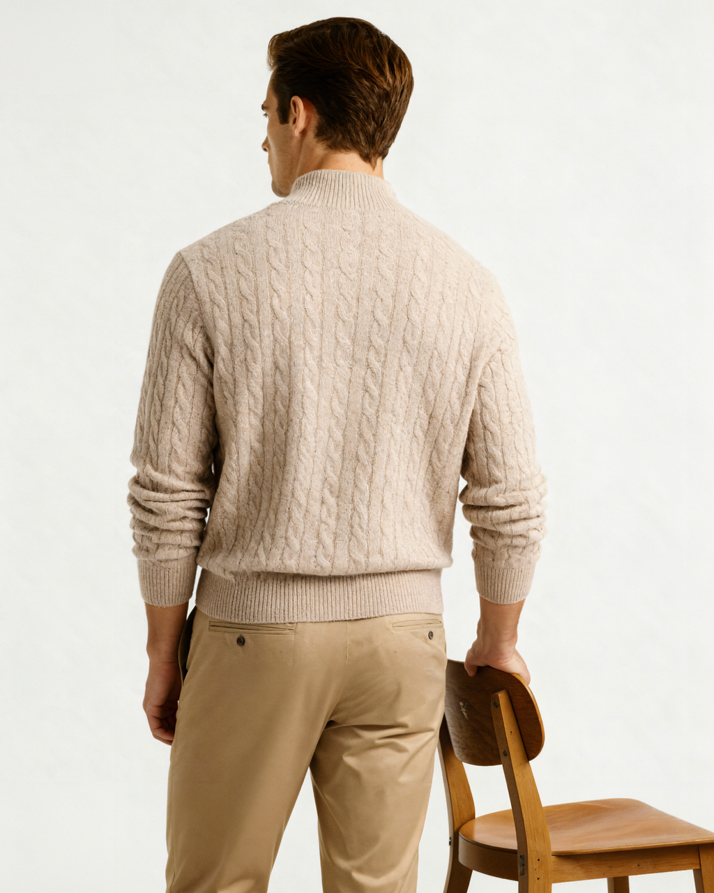 Men's Cable-Pattern Half-Zip Sweater With a Stand Neck - Beige