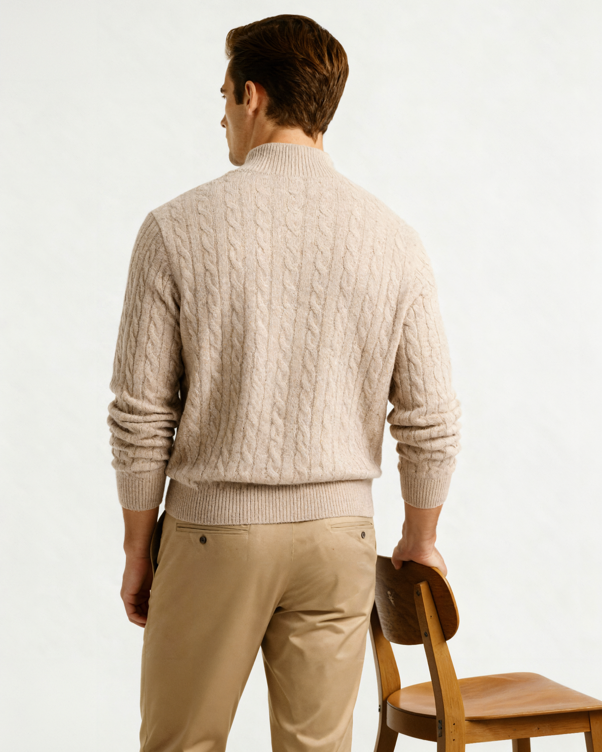 Men's Cable-Pattern Half-Zip Sweater With a Stand Neck - Beige