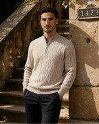 Men's Cable-Pattern Half-Zip Sweater With a Stand Neck - Beige