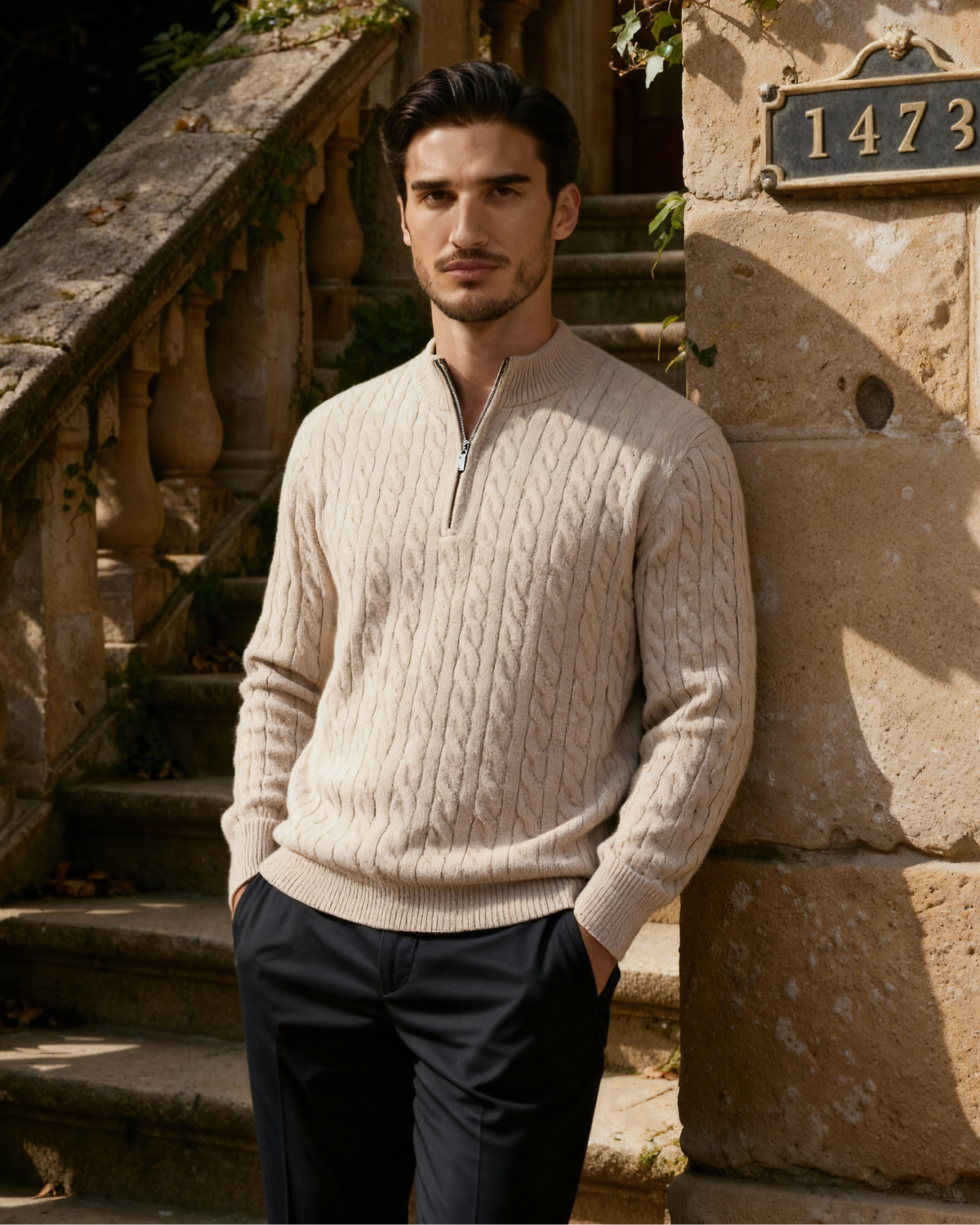 Men's Cable-Pattern Half-Zip Sweater With a Stand Neck - Beige