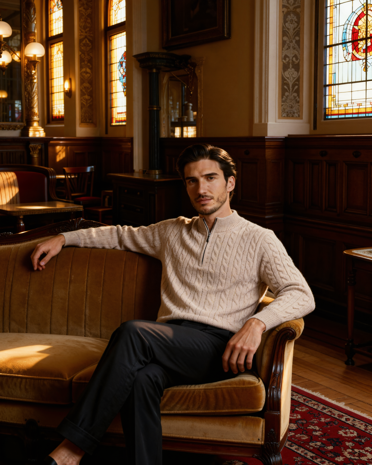 Men's Cable-Pattern Half-Zip Sweater With a Stand Neck - Beige