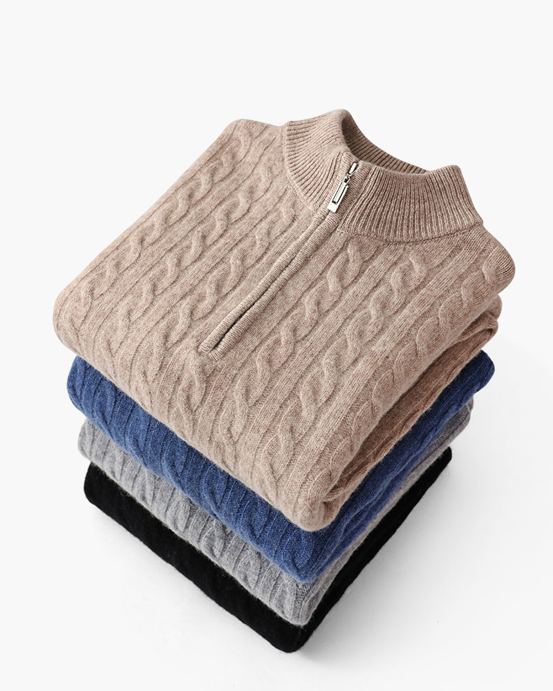 Men's Cable-Pattern Half-Zip Sweater With a Stand Neck - shared