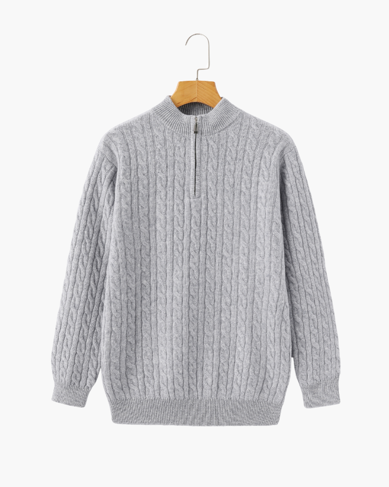 Men's Cable-Pattern Half-Zip Sweater With a Stand Neck - Gray