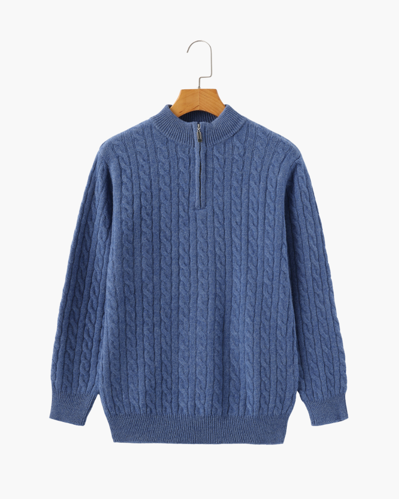 Men's Cable-Pattern Half-Zip Sweater With a Stand Neck - Blue