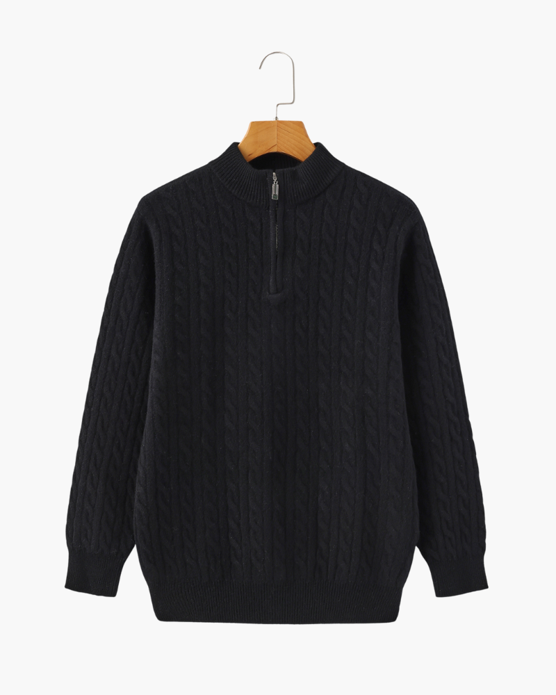 Men's Cable-Pattern Half-Zip Sweater With a Stand Neck - Black