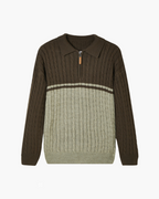 Men's Color-Block Cable Sweater With a Short Zip - Brown
