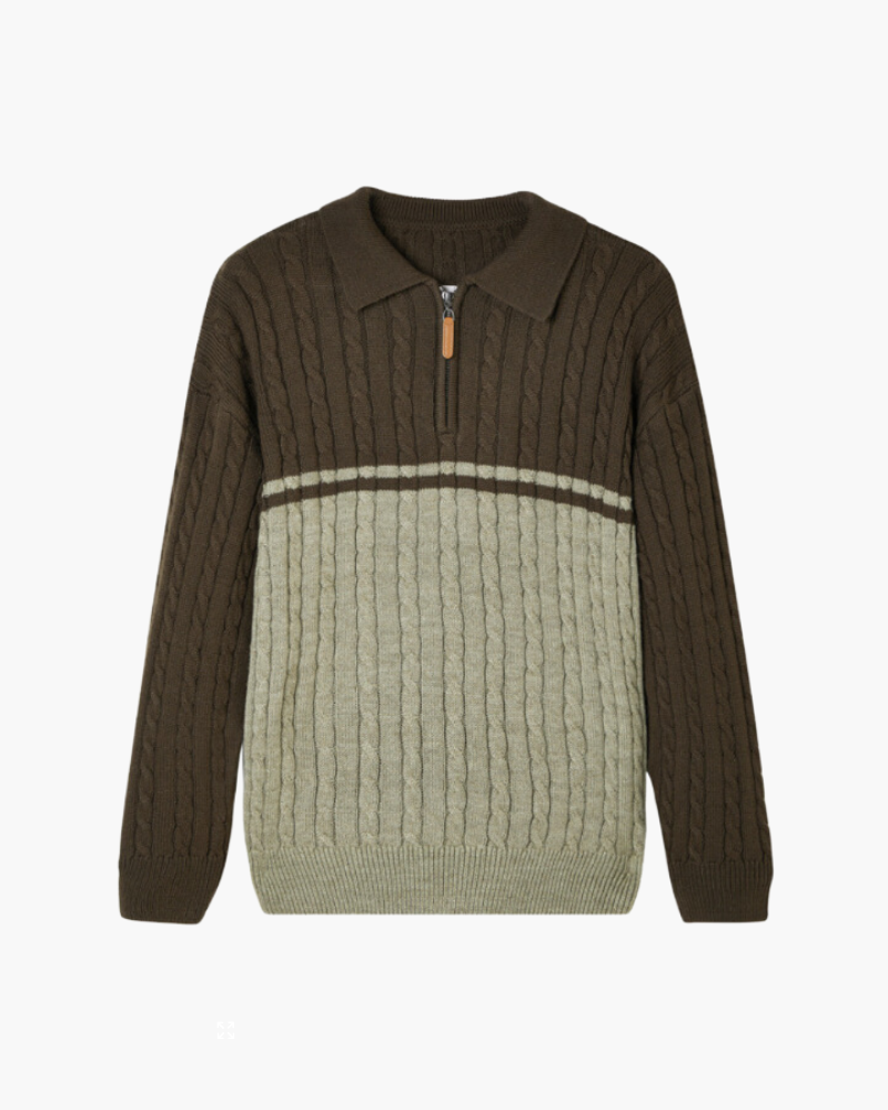 Men's Color-Block Cable Sweater With a Short Zip - Brown