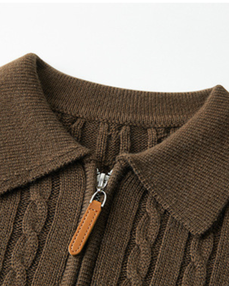 Men's Color-Block Cable Sweater With a Short Zip - Brown