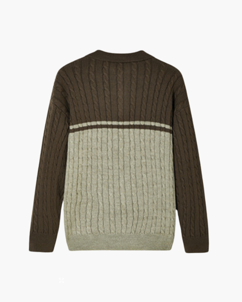 Men's Color-Block Cable Sweater With a Short Zip - Brown