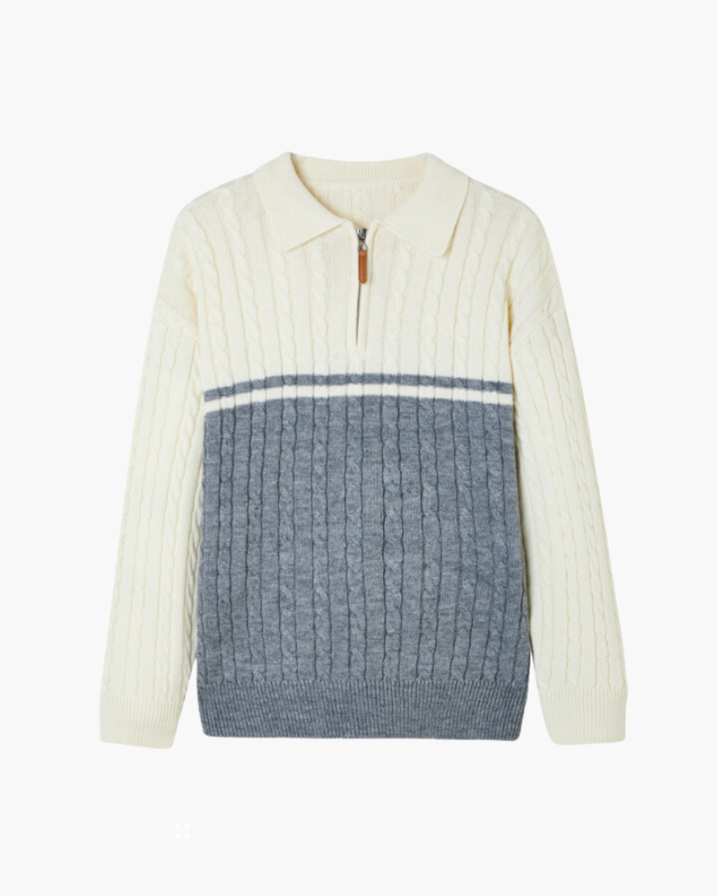 Men's Color-Block Cable Sweater With a Short Zip - Blue Gray