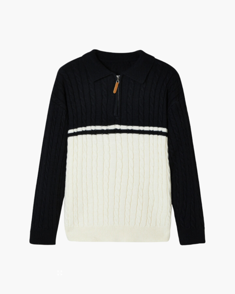 Men's Color-Block Cable Sweater With a Short Zip - Black