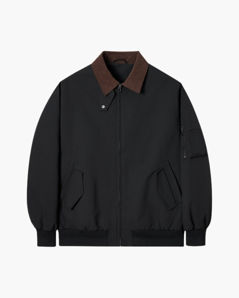 Men's Contrast-Collar Harrington Jacket With Pockets - Black