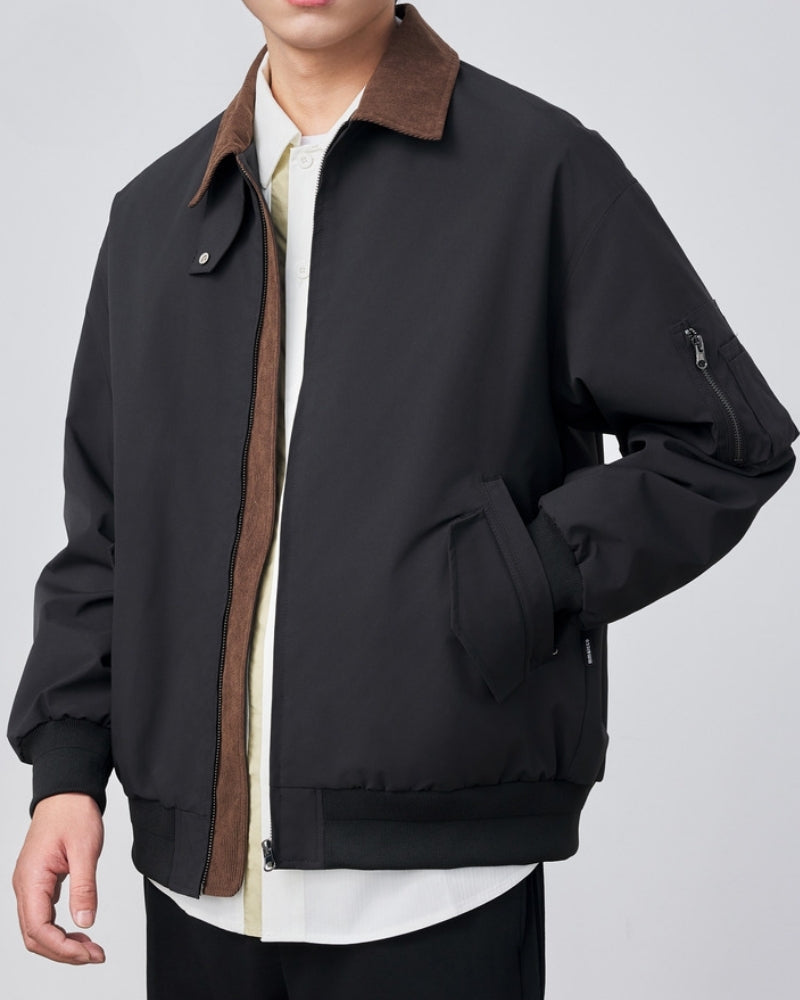 Men's Contrast-Collar Harrington Jacket With Pockets - Black