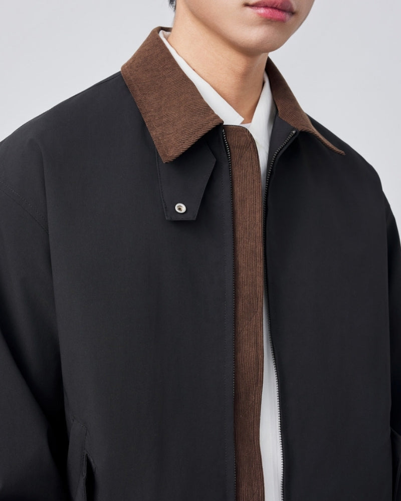 Men's Contrast-Collar Harrington Jacket With Pockets - Black