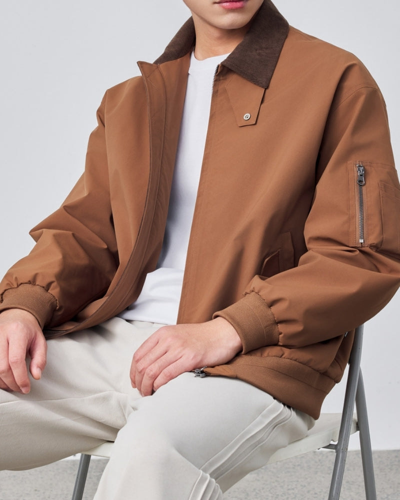 Men's Contrast-Collar Harrington Jacket With Pockets - Brown