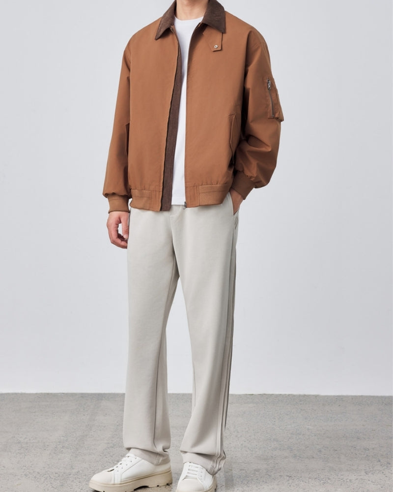 Men's Contrast-Collar Harrington Jacket With Pockets - Brown