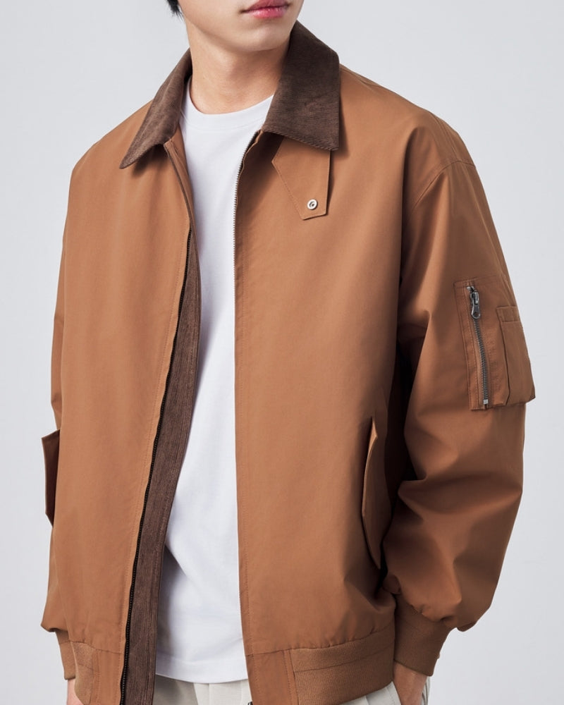 Men's Contrast-Collar Harrington Jacket With Pockets - Brown