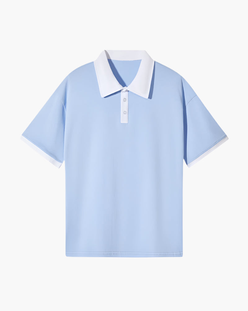 Men's Contrast-Collar Polo With Banded Sleeve Edges - Sky Blue