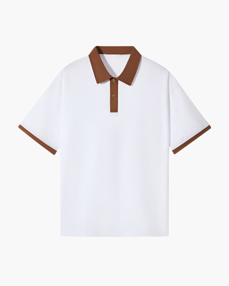 Men's Contrast-Collar Polo With Banded Sleeve Edges - Brown