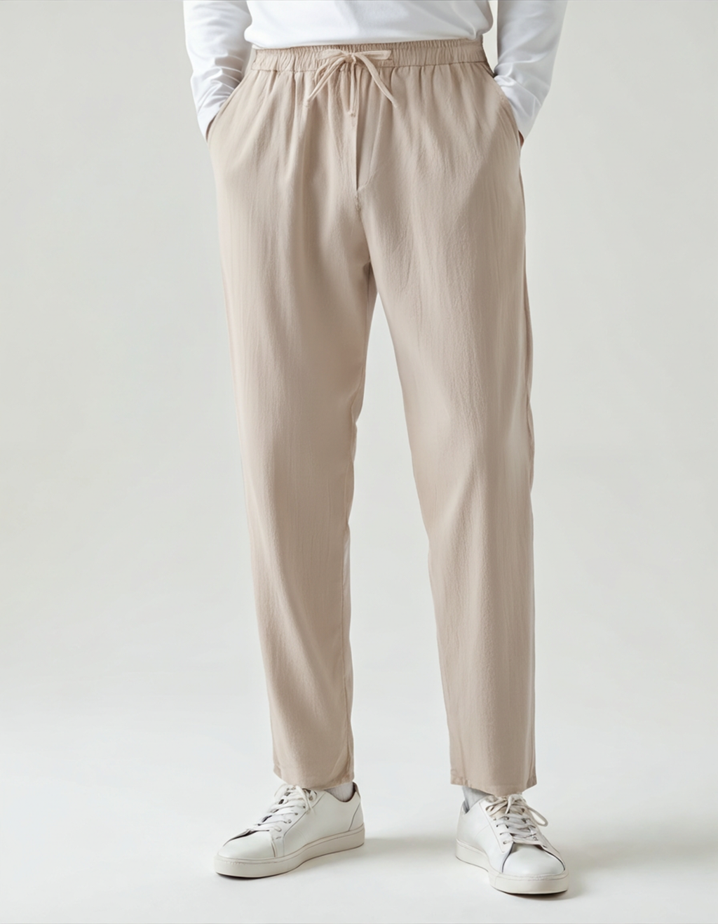 Men's Cropped Drawstring Trousers With Side Pockets - Beige