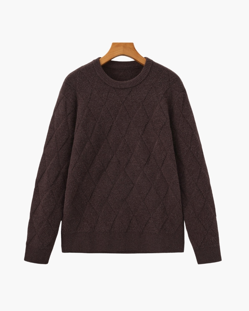Men's Diamond-Knit Crewneck With Long Ribbed Cuffs - Dark Brown