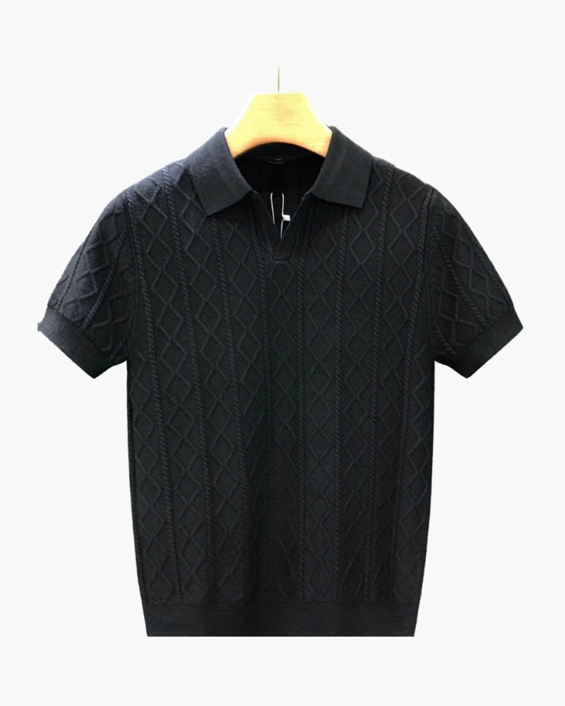 Men's Diamond-Pattern Short-Sleeve Open-Neck Polo - Black