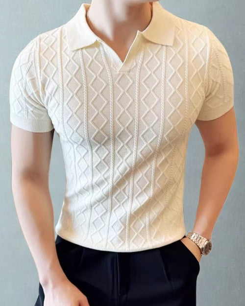 Men's Diamond-Pattern Short-Sleeve Open-Neck Polo - White