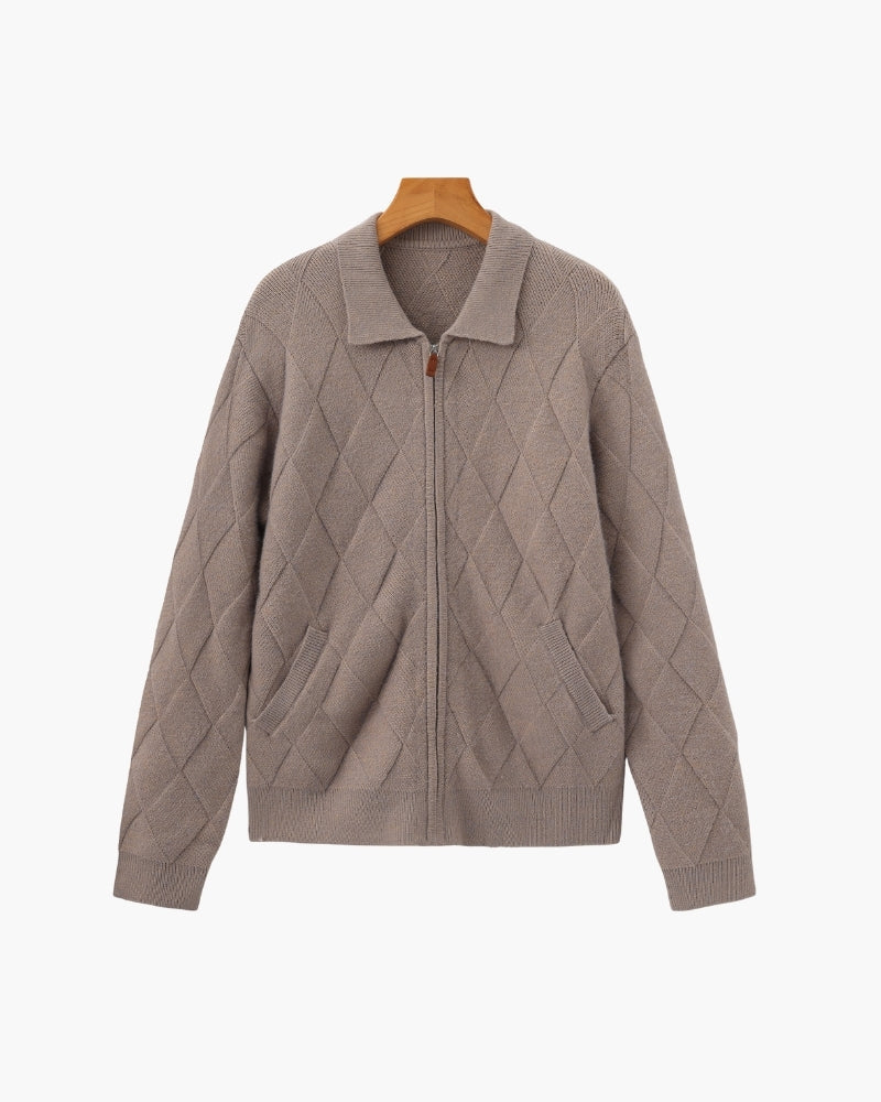 Men's Diamond-Pattern Zip Cardigan With a Collar - Mocha