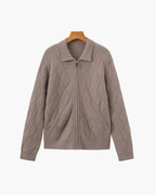 Men's Diamond-Pattern Zip Cardigan With a Collar - Mocha