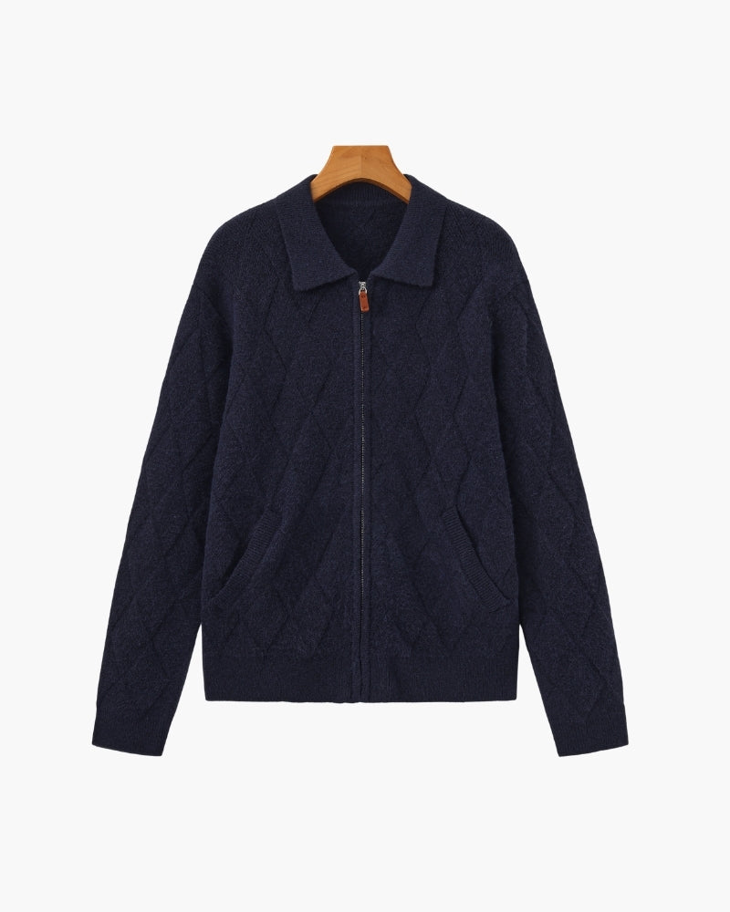 Men's Diamond-Pattern Zip Cardigan With a Collar - Navy